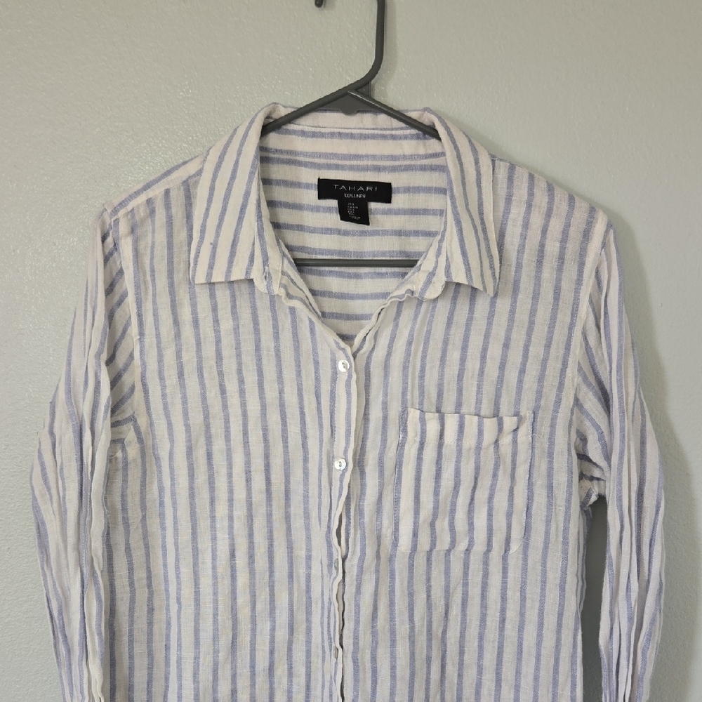 Tahari | Blue And White Striped 100% Linen Button Down Shirt Size Large